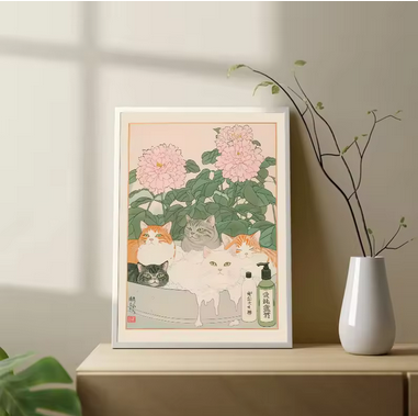 Tokyo Vault™ Japanese Tabby Cat Bathtub Canvas Poster – Retro Japandi Bathroom Wall Art